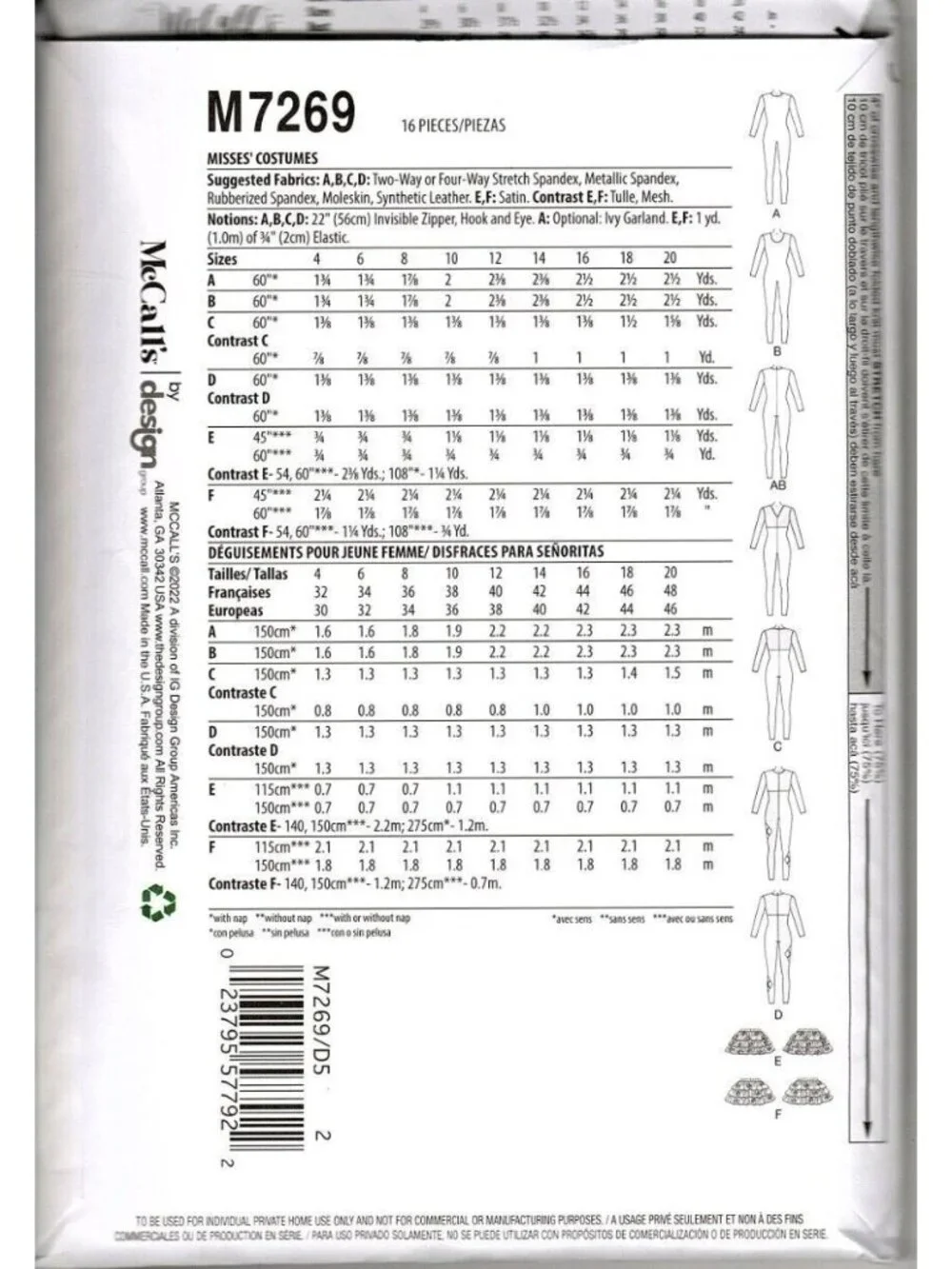 McCalls M7269 Misses 12 to 20 Costume, Unitard, Harlequin Pattern New
